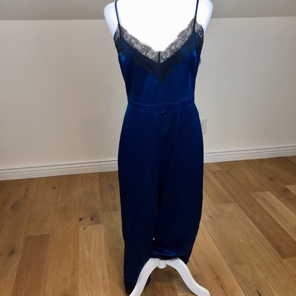 Bebe X Naven Lace Trim Blue Teal Satin Jumpsuit 10 - Picture 2 of 11